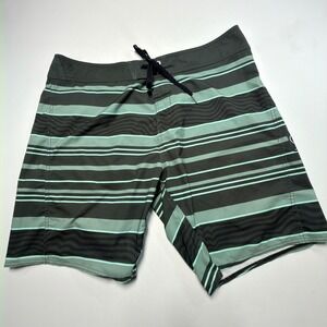 Volcom Stripe Board Shorts Mens 34 Green Black‎ Swim Trunks Surf